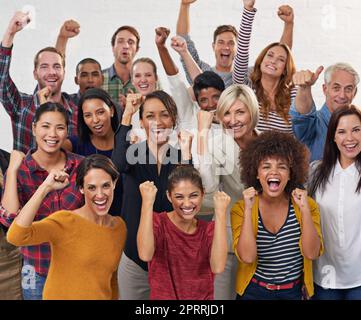 Gemeinsam erreichen alle mehr. Eine Gruppe von Kollegen stanzt in die Luft. Stockfoto