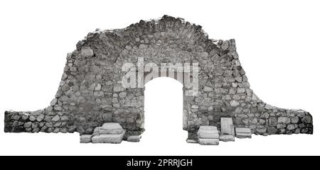 Alte architektonische Tür mit Steinbogen und umgebender Wand isoliert auf weißem Hintergrund Stockfoto