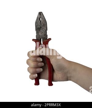 Eine Zange in der weiblichen Hand auf transparentem Hintergrund Stockfoto
