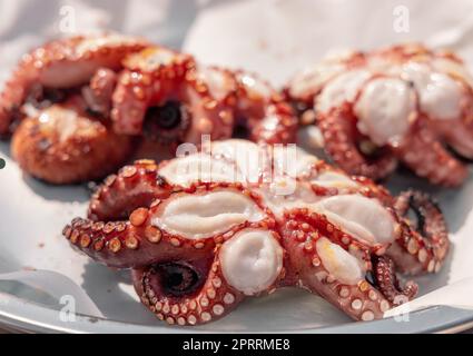 Frisch gegrillter Tintenfisch auf einem Teller im Freien, Italien. Traditionelle mediterrane Küche. Stockfoto