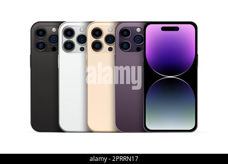 Neuartiges, modernes Gerät für Smartphone 14 pro Version, Set mit 4 Teilen, neue Originalfarben – Vektor Stockfoto