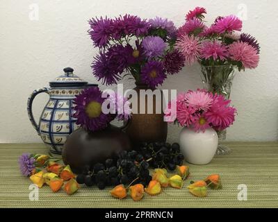 Herbst im Landhaus mit Trauben und Astern Stockfoto