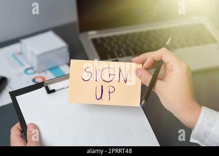 Text mit Inspiration Anmelden. Business Showcase Verwenden Sie Ihre Informationen, um sich in der Website Team College oder Blog zu registrieren Stockfoto