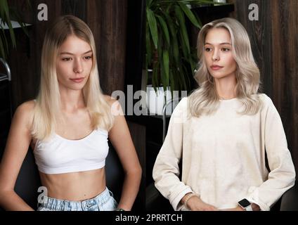 Frau vor, nachdem sie ihre Haare gefärbt hatte. Rückansicht, gerade und Locken. Nahaufnahme Stockfoto