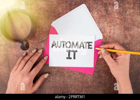 Konzeptionelle Darstellung Automatisieren Sie es. Business Overview Umwandlung von Prozessen oder Anlagen in automatische Anlagen. Stockfoto