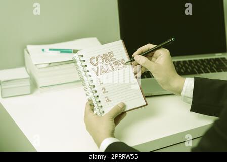 Schreiben mit Text Kernwerte, Geschäftsidee Überzeugung Person oder Organisation Ansichten als wichtig Stockfoto