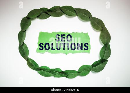 Textschild mit Seo Solutions. Wort, das auf der Ergebnisseite der Suchmaschine geschrieben wurde, erhöht die Besucherzahlen um Rankings Stockfoto