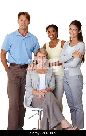 Versammelt um ihren Anführer. Porträt eines auf Weiß isolierten Arbeitsteams. Stockfoto