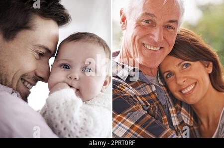 Ein junger Vater, der sein entzückendes Mädchen neben einem modernen Bild von ihm und seiner Tochter hält. Stockfoto