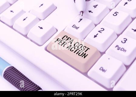 Text, der Inspirations-CPA-Kosten pro bezahlter Aktionsprovision anzeigt, wenn der Benutzer auf einen Affiliate-Link klickt. Wort, das auf eine bezahlte Provision geschrieben wird, wenn der Benutzer auf einen Affiliate-Link klickt Stockfoto