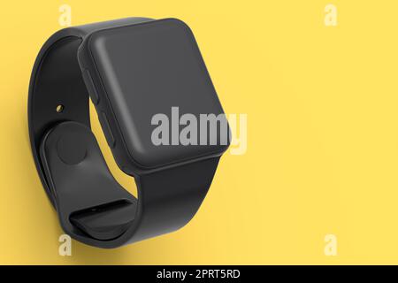 Smartwatch mit blauem Lederriemen isoliert auf gelbem einfarbigem Hintergrund. 3D Renderkonzept des Health and Fitness Tracker von Wearables Stockfoto