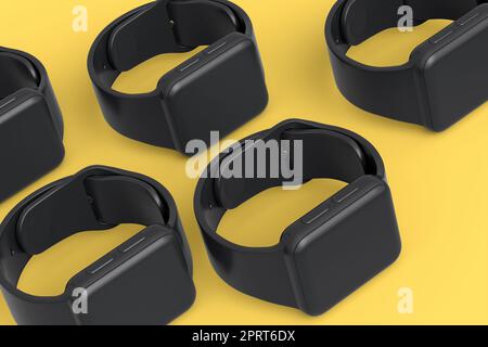 Modell von Smartwatches auf gelbem einfarbigem Hintergrund. 3D Konzeptmuster von Wearable Device Health und Fitness Tracker darstellen Stockfoto