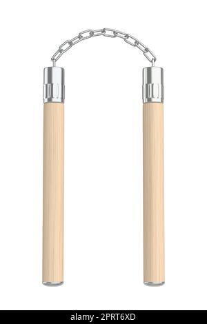 Nunchaku aus Holz mit Metallkette, isoliert auf weißem Hintergrund Stockfoto