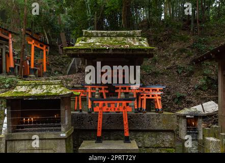 Ein Bild von einigen Miniatur-Torii-Toren am Fushimi Inari Taisha-Schrein. Stockfoto