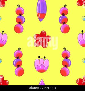 Lebendiges, nahtloses Blumenmuster. Moderne helle Vektorblumen mit schwarzer Umrandung. Ballonstil. Moderne Kunst. Abdeckung, Stoff, Tapete, Verpackung Stockfoto