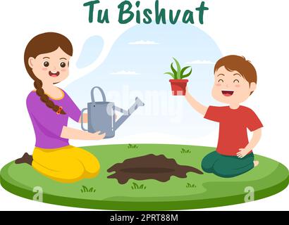 TU BiShvat Vorlage Handgezeichnete Cartoon flache Illustration Blühender Baum mit Objekten von sieben Arten von Früchten auf weißem Hintergrund Design Stock Vektor