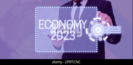 Text mit Inspiration Economy 2023. Geschäftsansatz Zustand des Vermögens und der Ressourcen eines Landes im kommenden Jahr Stockfoto