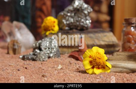 Gelbe Blume mit Pyritfelsen und Kristallen auf dem australischen roten Sand Stockfoto