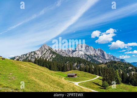 Blick auf die Litzlalm in den Alpen, Österreich Stockfoto