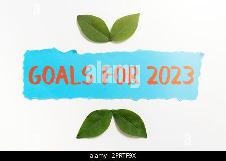Unterschreiben Sie die Ziele für 2023The, und folgen Sie den Dingen, die Sie in 2023 haben und erreichen möchten. Wortschatz zu den folgenden Dingen, die Sie in 2023 haben und erreichen möchten Stockfoto
