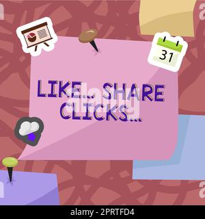 Handschrifttext wie Klicks teilen, Geschäftsübersicht Content Marketing zur Steigerung der emotionalen Mitarbeiterbindung Social Media wichtige Idee, die am Telefon am Schreibtisch gezeigt wird Stockfoto