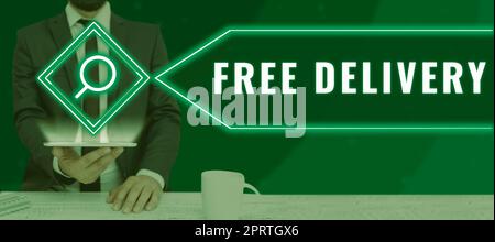 Handschriftlicher Text Kostenlose Zustellung, Geschäftskonzept Versandpaket Fracht Kurier Auslieferungszentrum zerbrechlich Stockfoto