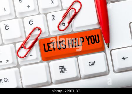 Textunterschrift Präsentation Lassen Sie uns Ihnen helfen, jemandem einen Service anzubieten, um ihm in seiner Not zu helfen. Geschäftsüberblick, der jemandem einen Service anbietet, der ihm in seiner Not hilft Stockfoto