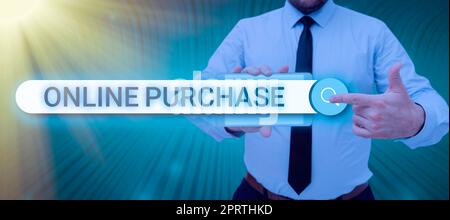 Handgeschriebenes Schild Online-Einkauf von Waren des elektronischen Geschäftsverkehrs über das Internet. Business Approach kauft elektronische Handelswaren über das Internet Stockfoto