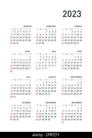 Kalender 2023 Jahr. Schwarz-Weiß-Vektorvorlage. Die Woche beginnt am Sonntag. Grundraster. Quadratischer Taschenkalander. Ready-Design Stockfoto