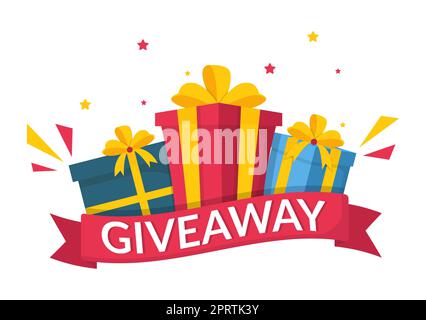 Giveaway Template Handgezeichnete Cartoon flache Illustration mit Gewinn ein Preis, Überraschungspaket, Belohnung und Geschenk-Box-Design Stockfoto