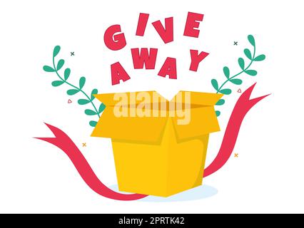 Giveaway Template Handgezeichnete Cartoon flache Illustration mit Gewinn ein Preis, Überraschungspaket, Belohnung und Geschenk-Box-Design Stockfoto