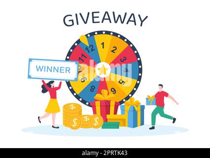 Giveaway Template Handgezeichnete Cartoon flache Illustration mit Gewinn ein Preis, Überraschungspaket, Belohnung und Geschenk-Box-Design Stockfoto