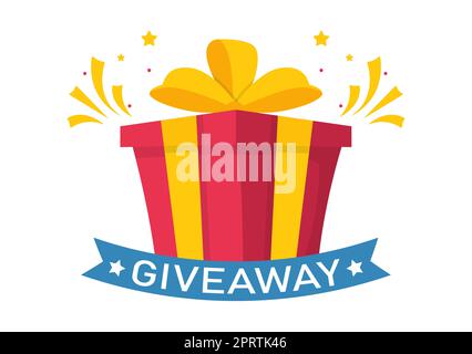 Giveaway Template Handgezeichnete Cartoon flache Illustration mit Gewinn ein Preis, Überraschungspaket, Belohnung und Geschenk-Box-Design Stockfoto