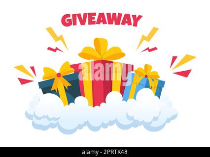 Giveaway Template Handgezeichnete Cartoon flache Illustration mit Gewinn ein Preis, Überraschungspaket, Belohnung und Geschenk-Box-Design Stockfoto