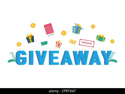 Giveaway Template Handgezeichnete Cartoon flache Illustration mit Gewinn ein Preis, Überraschungspaket, Belohnung und Geschenk-Box-Design Stockfoto