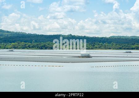 Schwimmende Solarfarm oder schwimmende Photovoltaik. Solarstrom. Landschaft von Sonnenkollektoren, die auf dem Wasser im Stausee oder See schwimmen. Solartechnik. Altern Stockfoto