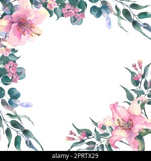 Handbemalte, grüne Karte mit Blumenmuster in Aquarell, Rahmen mit zarten Rosa Lilien, Eukalyptusblättern und Zweigen isoliert auf weißem Hintergrund. Stockfoto
