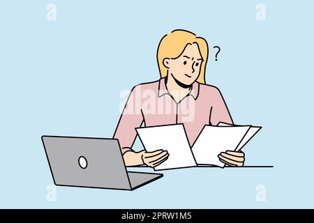 Frustrierte Frau, die mit Papierkram am Laptop arbeitet. Verwirrte weibliche Angestellte ziehen Dokumente am Arbeitsplatz in Betracht. Vektorgrafik. Stockfoto