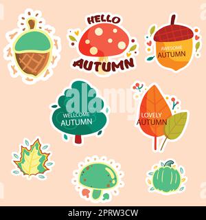 Herbstaufkleber, Kürbisse, Eicheln, Pilze mit Herbstblättern Stock Vektor