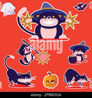 Von Hand gezeichneter Aufkleber halloween Purple Cats Kollektion Stock Vektor