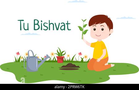 TU BiShvat Vorlage Handgezeichnete Cartoon flache Illustration Blühender Baum mit Objekten von sieben Arten von Früchten auf weißem Hintergrund Design Stock Vektor