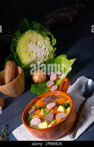 Köstlicher wirsing-Kohl-Eintopf in einer rustikalen Schüssel Stockfoto