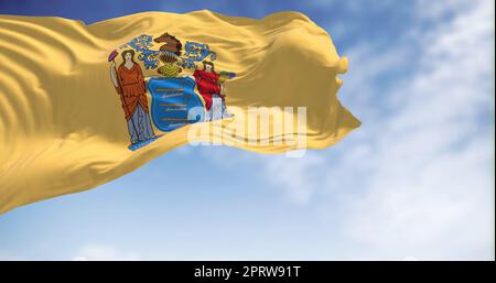 Die Flagge des Staates New Jersey winkt im Wind. New Jersey ist ein föderierter Staat der Vereinigten Staaten von Amerika. US-Flagge. 3D Rendern Stockfoto