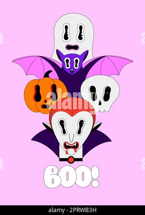 Halloween-Feiertage. Bunte, gruselige Fantasiefiguren auf pinkfarbenem Hintergrund. Vampir Dracula, Fledermaus, Kürbis, Schädel, Geist. Boo-Schriftzug. Cartoon, gruseliger Po Stockfoto