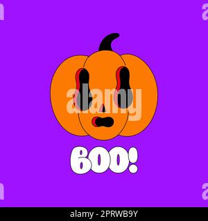 Beängstigender Kürbis. Halloween gruselige Cartoon-Figur auf lila Hintergrund. Flache Ausführung mit schwarzer Umrandung. Boo-Schriftzug. Posrer, Postkarte, Abdruck auf Stoff Stockfoto