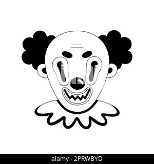 Unheimlicher Clown. Halloween gruselige Cartoon-Figur isoliert auf weißem Hintergrund. Schwarzer Umriss. Aufkleber, Aufdruck auf Kleidung, Notebooks und Handyhüllen. Ve Stockfoto