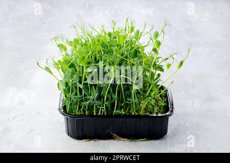 Frische Erbsen in Kunststoffbehältern Stockfoto