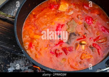 Kessel ungarische Gulaschsuppe mit Kartoffeln Stockfoto