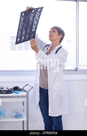 Zufrieden mit dem Ergebnis des CAT-Scans. Eine Ärztin, die Röntgenaufnahmen studiert. Stockfoto