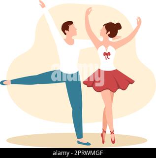 Ballett Vorlage Hand gezeichnet Cartoon flache Illustration Paar Ballerina Tanzen tragen Tutu Kostüme auf der Bühne Design Stock Vektor